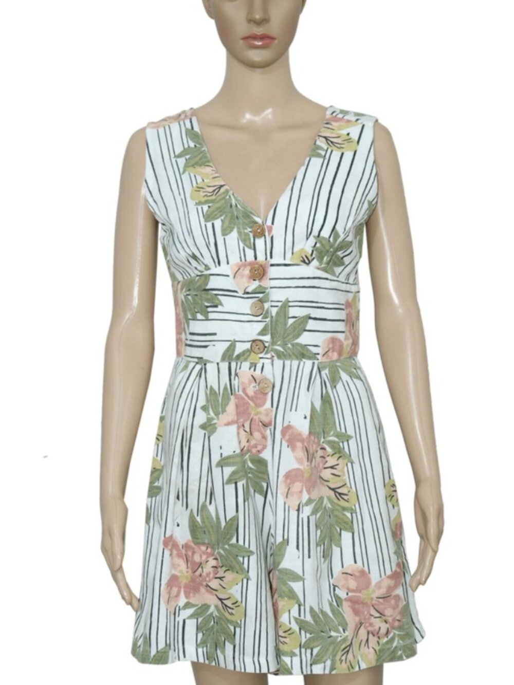 Old Khaki Floral Printed Sleeveless Button Detail Casual Romper XS